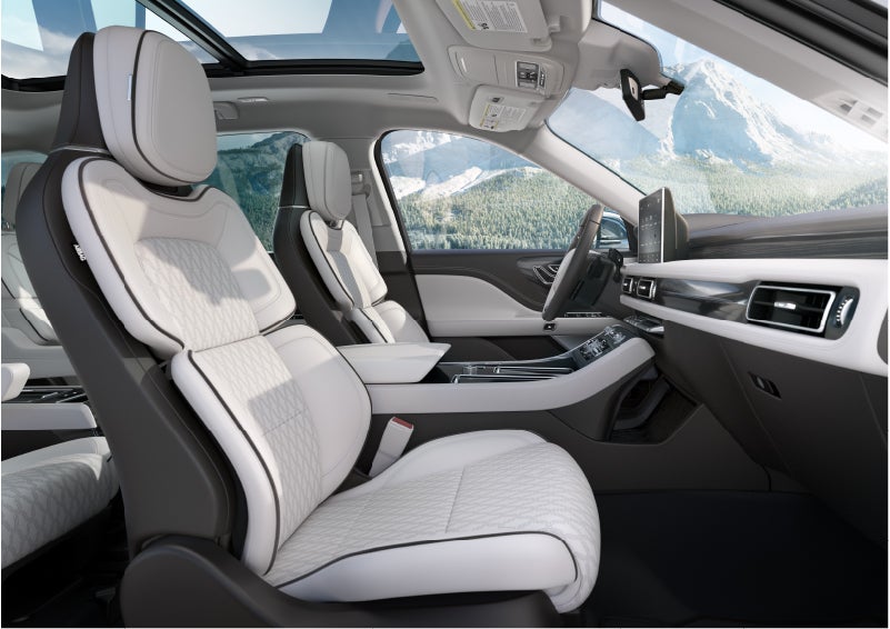 The interior of a Lincoln Aviator® Black Label model is shown in the Chalet theme | Biondi Lincoln in Monroeville PA