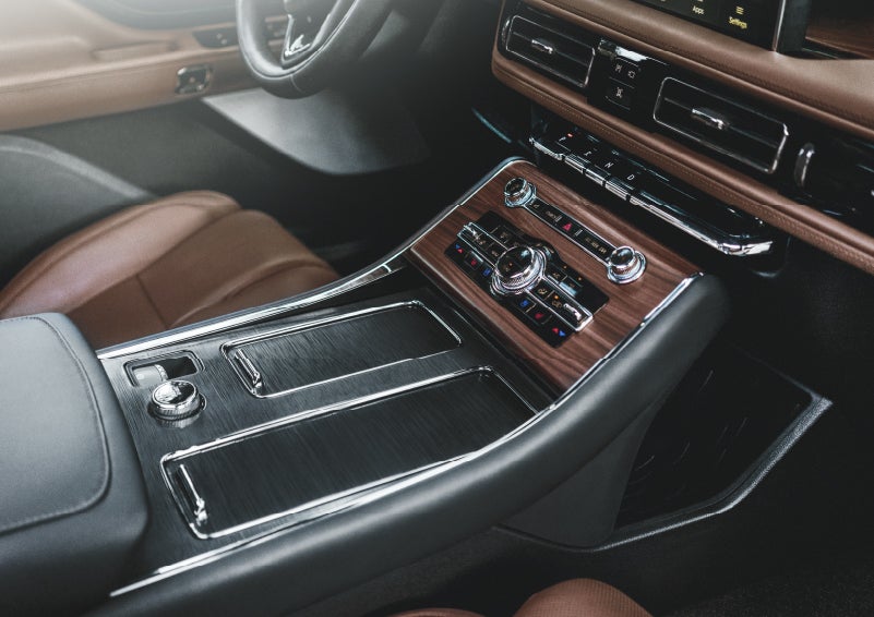 The front center console of a 2024 Lincoln Aviator® SUV is shown | Biondi Lincoln in Monroeville PA