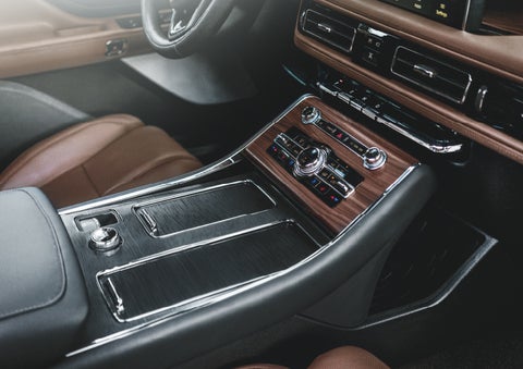 The front center console of a 2024 Lincoln Aviator® SUV is shown | Biondi Lincoln in Monroeville PA