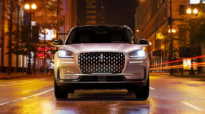 The striking grille of a 2024 Lincoln Corsair® SUV is shown. | Biondi Lincoln in Monroeville PA