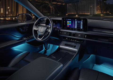Deep blue ambient lighting glows from various places within a 2025 Lincoln Aviator® SUV. | Biondi Lincoln in Monroeville PA