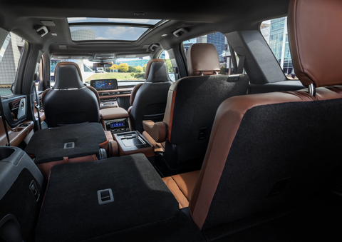The interior of the 2025 Lincoln Aviator® SUV is shown with two seats folded down for added space. | Biondi Lincoln in Monroeville PA