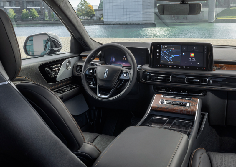 The interior of the 2025 Lincoln Aviator® SUV is shown parked with a view of a harbor through the windshield. | Biondi Lincoln in Monroeville PA
